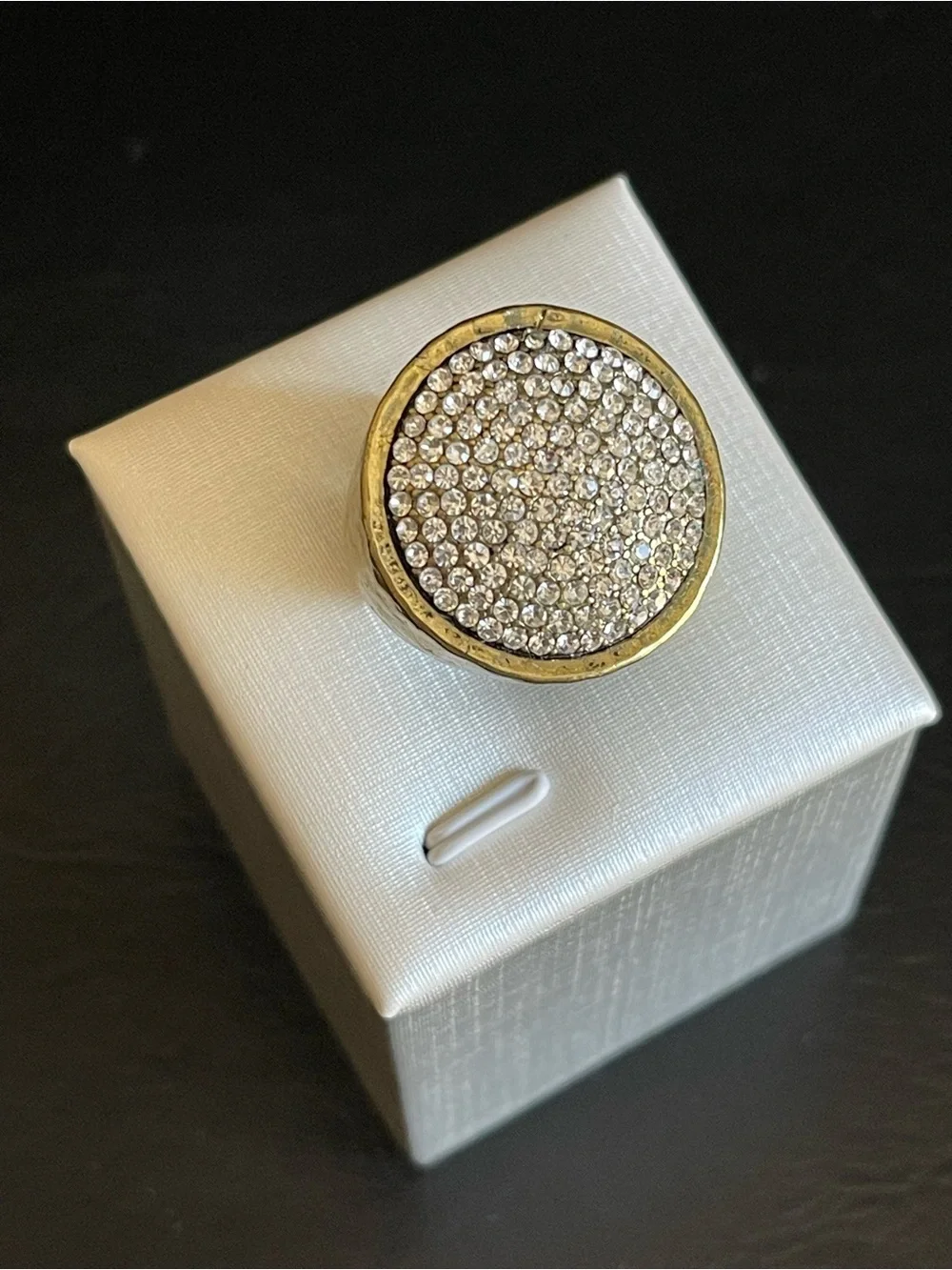 Brass Pave Crystal Round Cocktail Ring.